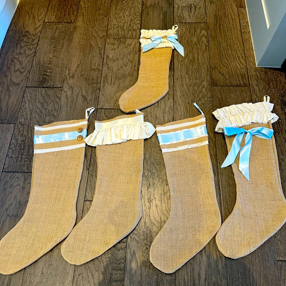 5 Burlap Farm House Christmas Stockings blue & cream & beige